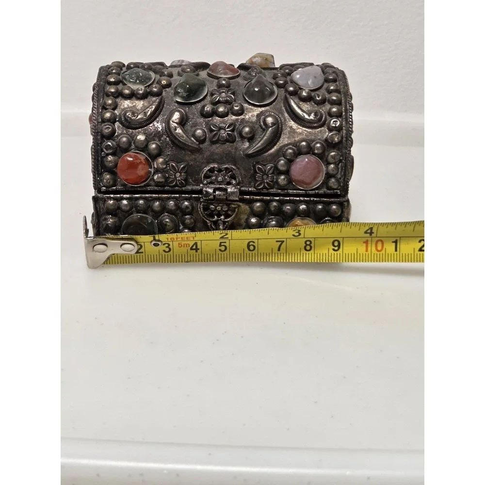 VTG India Agate Inlaid Jewelry Box Velvet Lined Trinket Wedding Box 4